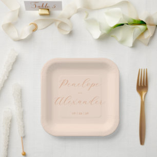 Elegant Peach Minimalist Names Paper Plates