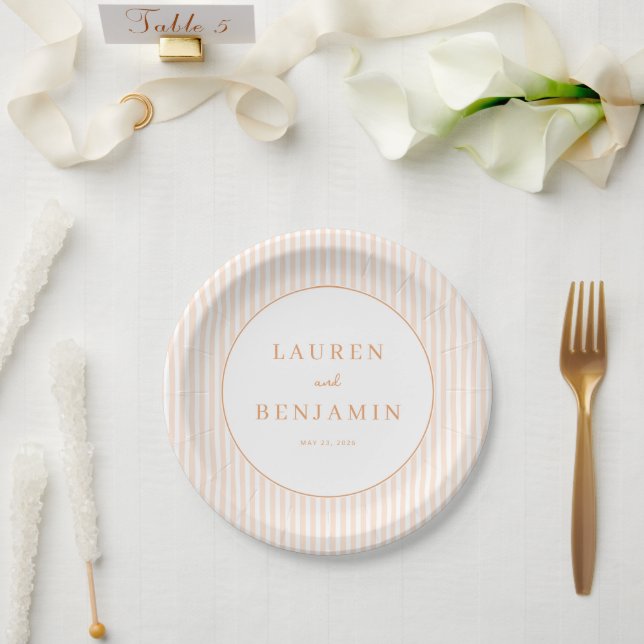 Elegant Peach Minimalist Stripes Paper Plates (Wedding)