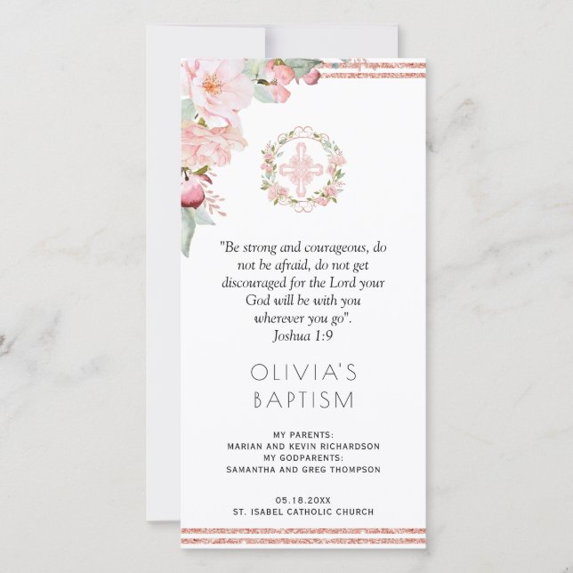Elegant Peach, Mint Floral Baptism Bookmark Favor Thank You Card (Front)