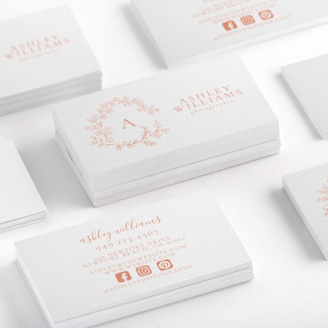 Elegant Peach Monogram Floral Crest Professional Business Card (Creator Uploaded)