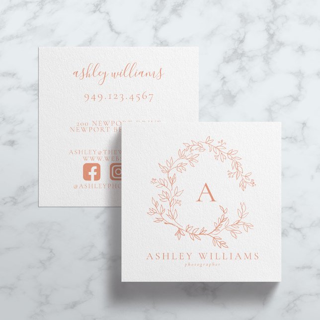 Elegant Peach Monogram Floral Crest Professional Square Business Card (Creator Uploaded)