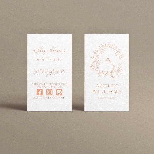 Elegant Peach Monogram Professional Floral Crest  Business Card (Creator Uploaded)