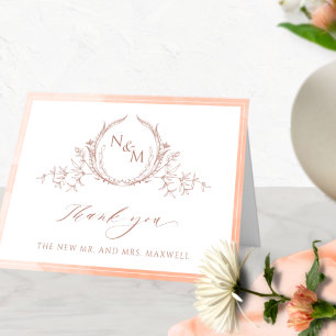 Elegant Peach Monogram, Watercolor Wedding Thank You Card
