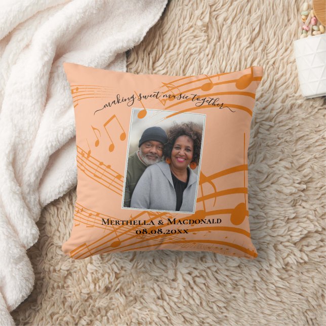 Elegant Peach Music Notes Couples Wedding Photo Throw Pillow (Blanket)