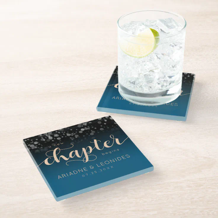 Elegant Peach Mykonos Blue Wedding A New Chapter Glass Coaster