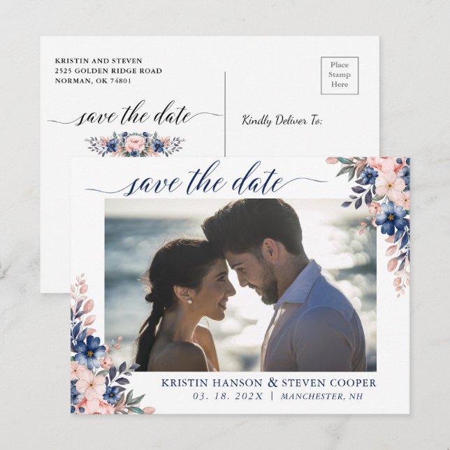 Elegant Peach Navy Blue Floral Photo Save The Date Postcard (Front/Back)