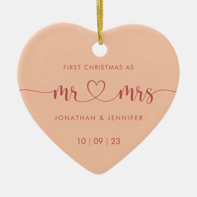 Elegant Peach Newlyweds Wedding Photo  Ceramic Ornament (Front)