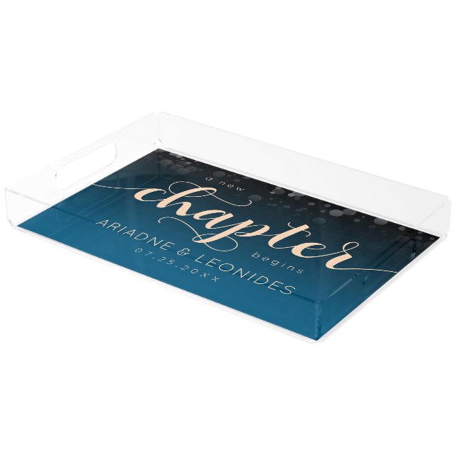 Elegant Peach Oceanic Blue Wedding A New Chapter Acrylic Tray (Angled)
