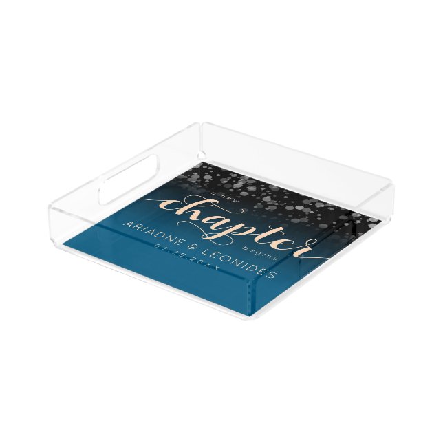 Elegant Peach Oceanic Blue Wedding A New Chapter Acrylic Tray (Angled)