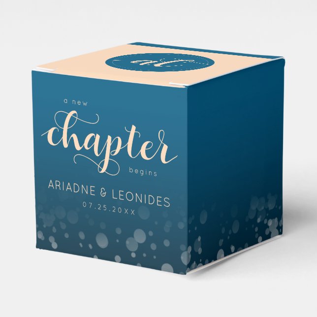 Elegant Peach Oceanic Blue Wedding A New Chapter Favor Boxes (Front Side)