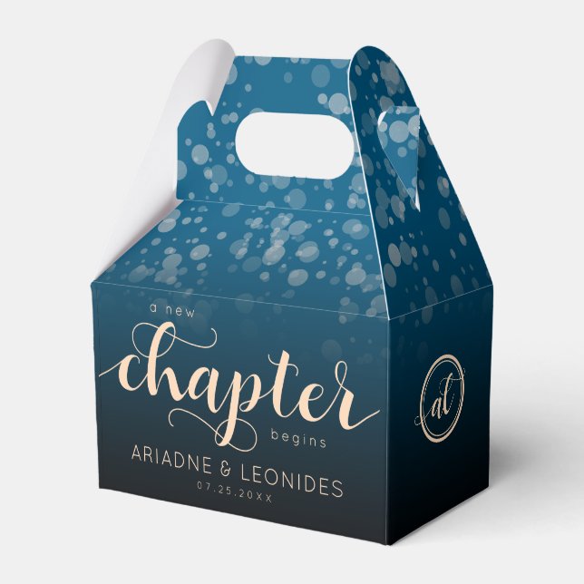 Elegant Peach Oceanic Blue Wedding A New Chapter Favor Boxes (Front Side)