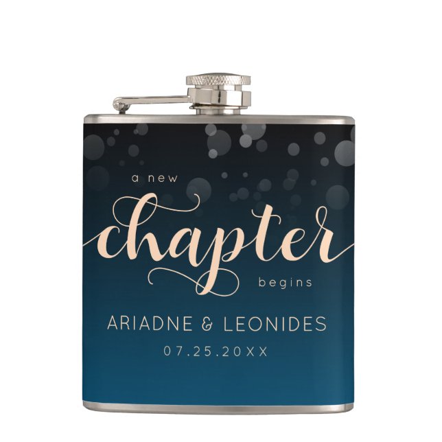 Elegant Peach Oceanic Blue Wedding A New Chapter Flask (Front)