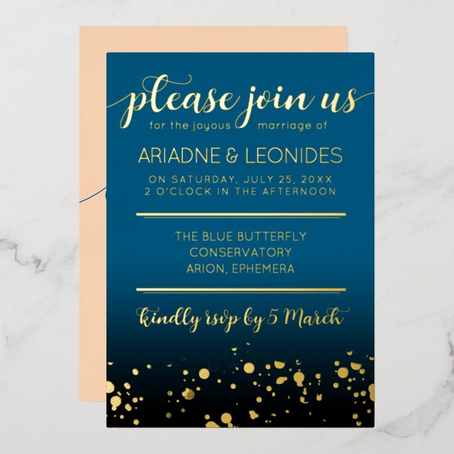 Elegant Peach Oceanic Blue Wedding A New Chapter Foil Invitation (Front/Back)