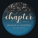 Elegant Peach Oceanic Blue Wedding A New Chapter Magnet<br><div class="desc">Make your special day an unforgettable celebration with these simple but stylish magnets, which feature elegant handwritten and block lettering with a shower of confetti set on black, dazzling oceanic shade of blue evocative of the Mediterranean , and peach backgrounds. Customize as desired. Design © W.H. Sim. See more at...</div>