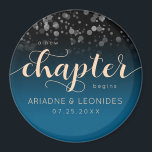 Elegant Peach Oceanic Blue Wedding A New Chapter Magnet<br><div class="desc">Make your special day an unforgettable celebration with these simple but stylish magnets, which feature elegant handwritten and block lettering with a shower of confetti set on black, dazzling oceanic shade of blue evocative of the Mediterranean , and peach backgrounds. Customize as desired. Design © W.H. Sim. See more at...</div>