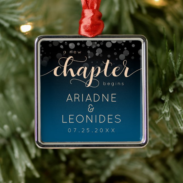 Elegant Peach Oceanic Blue Wedding A New Chapter Metal Ornament (Tree)