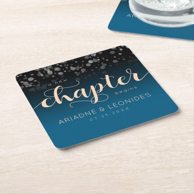 Elegant Peach Oceanic Blue Wedding A New Chapter Square Paper Coaster (Angled)
