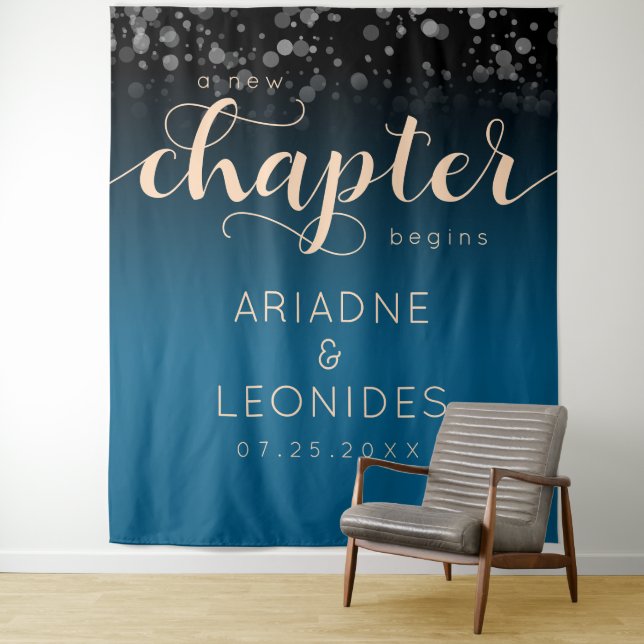 Elegant Peach Oceanic Blue Wedding A New Chapter Tapestry (In Situ)