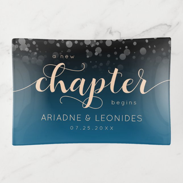 Elegant Peach Oceanic Blue Wedding A New Chapter Trinket Tray (Front)