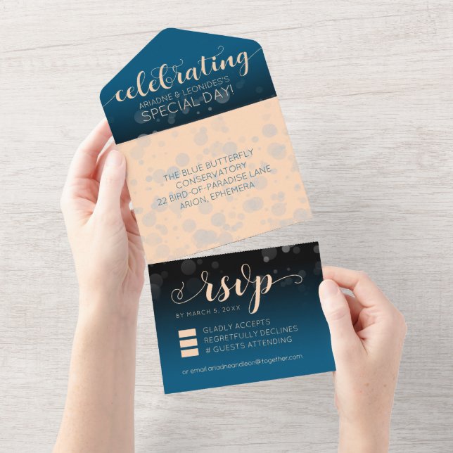 Elegant Peach Oceanic Blue Wedding All In One Invitation (Tearaway)