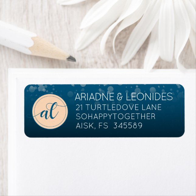 Elegant Peach Oceanic Blue Wedding Initials Label (Insitu)