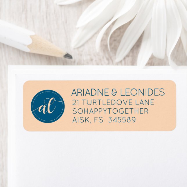 Elegant Peach Oceanic Blue Wedding Initials Label (Insitu)