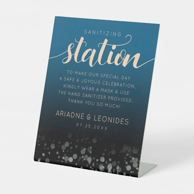 Elegant Peach Oceanic Blue Wedding Sanitizing Pedestal Sign (Front)
