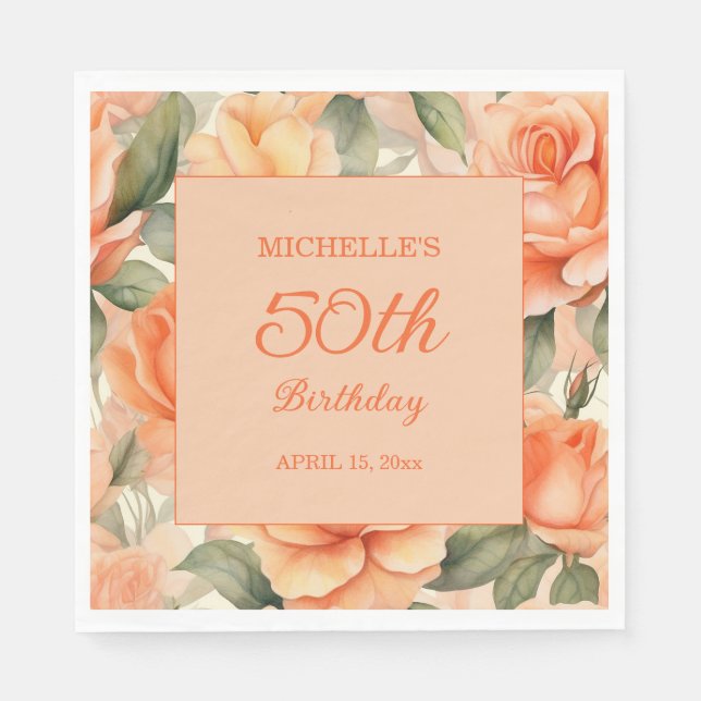 Elegant Peach Orange Floral Roses 50th Birthday Napkins (Front)