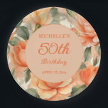 Elegant Peach Orange Floral Roses 50th Birthday Paper Plates<br><div class="desc">Beautiful peach/orange roses women's 50th birthday party custom floral paper plates. Personalized with the name and age of the guest of honor along with her party date. Contact me for assistance with customization or to request matching or coordinating Zazzle products for your event.</div>