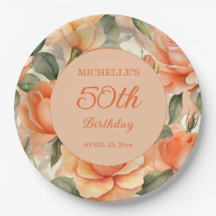 Elegant Peach Orange Floral Roses 50th Birthday Paper Plates