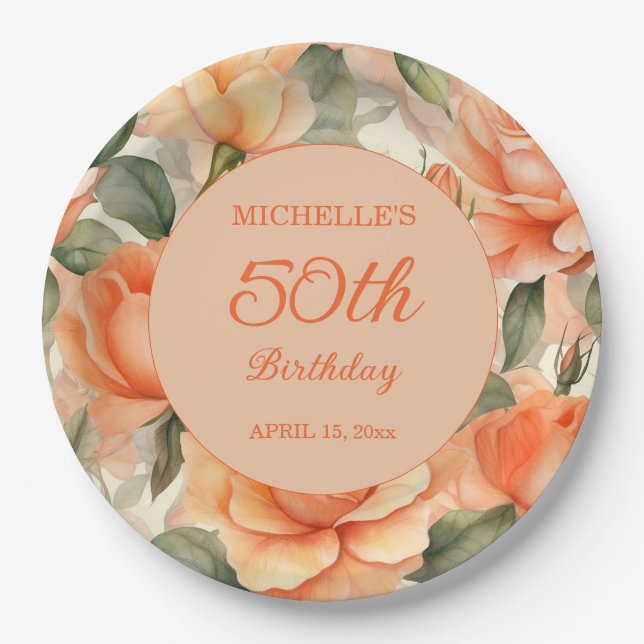 Elegant Peach Orange Floral Roses 50th Birthday Paper Plates (Front)