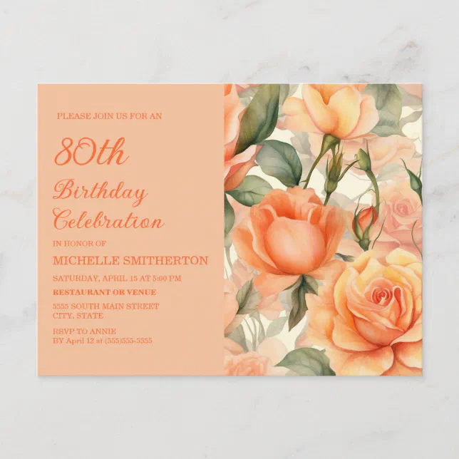 Elegant Peach Orange Floral Roses 80th Birthday Invitation Postcard ...