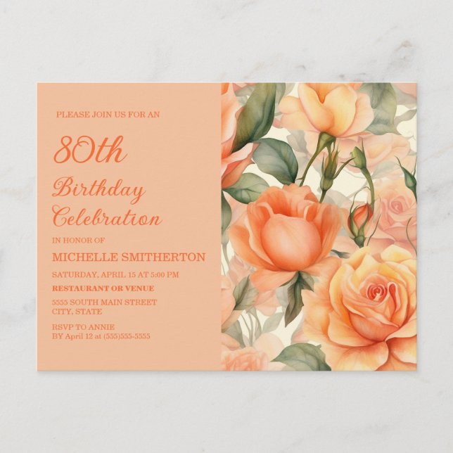 Elegant Peach Orange Floral Roses 80th Birthday Invitation Postcard (Front)