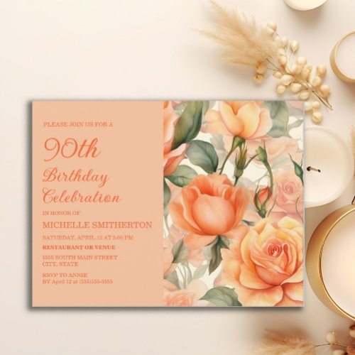 Elegant Peach Orange Floral Roses 90th Birthday Invitation Postcard