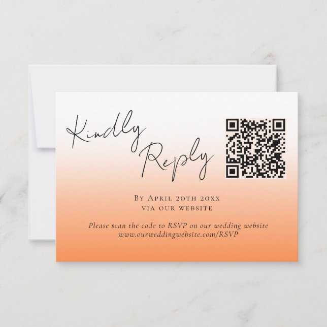 Elegant Peach Orange Fuzz QR Code Wedding RSVP  Card (Front)