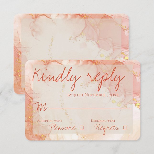 Elegant Peach Orange Gold Marble Cute Wedding RSVP Card (Front/Back)
