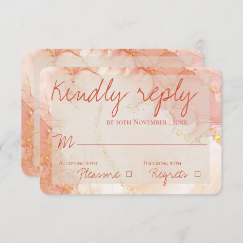 Elegant Peach Orange Gold Marble Cute Wedding RSVP Card