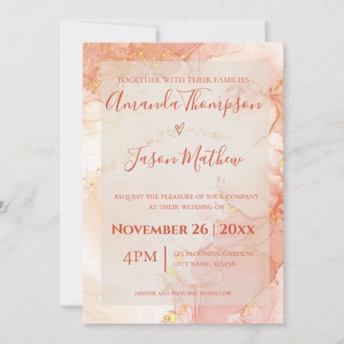 Elegant Peach Orange Gold Marble Monogram Wedding Invitation
