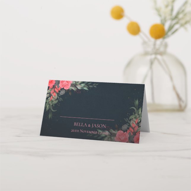 Elegant Peach Orange Gray Floral Wedding Party Place Card (Front)