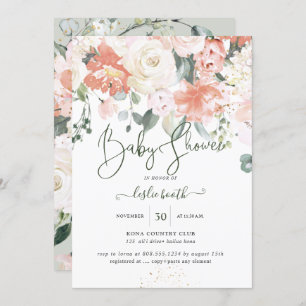 Elegant Peach Peonies Cream Roses Baby Shower Invitation