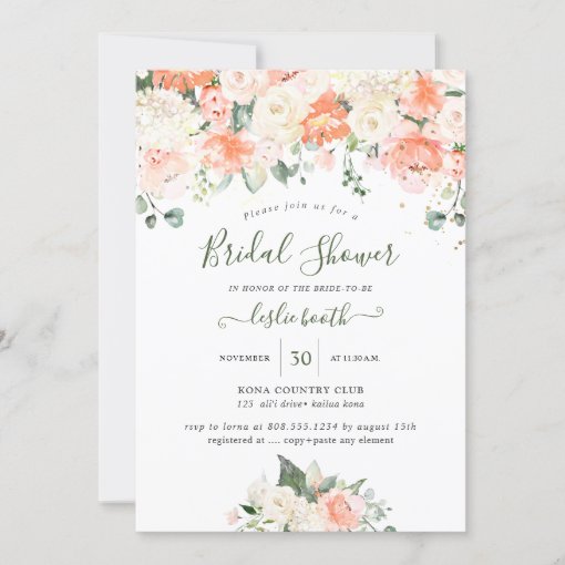 Elegant Peach Peonies Cream Roses Bridal Shower Invitation | Zazzle