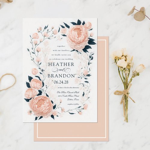 Elegant Peach Peonies Floral Spring Wedding Invitation