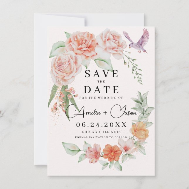 Elegant Peach Peonies Save the Date (Front)