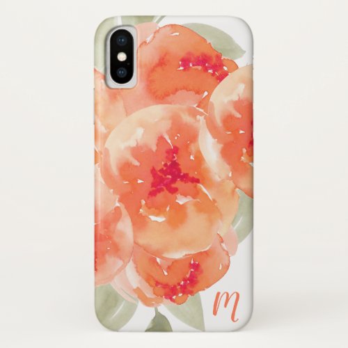 Elegant Peach Peonies Watercolor Floral Monogram iPhone XS Case