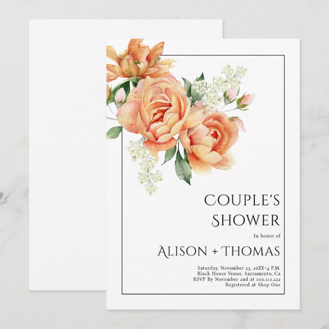 Elegant peach peony flowers couple's shower invitation (Front/Back)