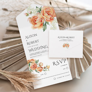 Elegant peach peony flowers wedding all in one invitation