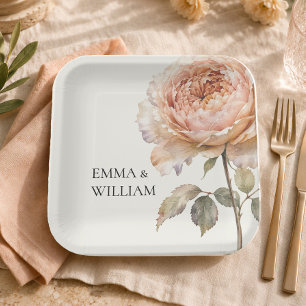 Elegant Peach Peony Watercolor Botanical Wedding Paper Plates