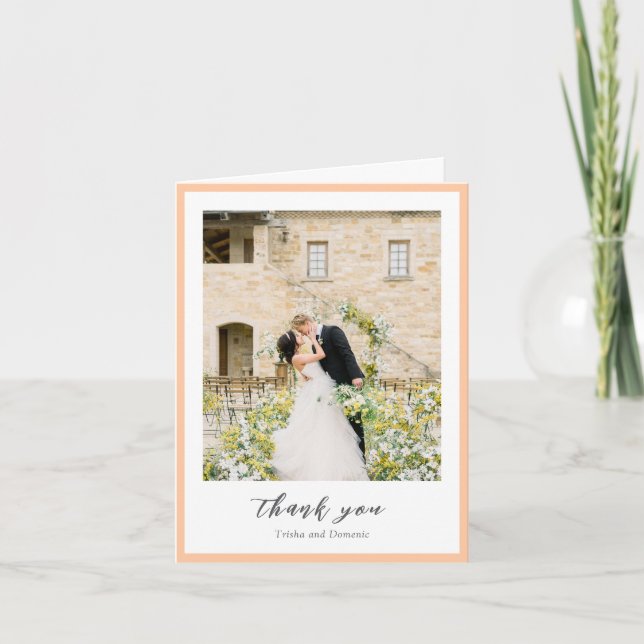 Elegant Peach Photo Modern Wedding Thank You Card (Front)