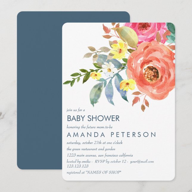 Elegant Peach Pink and blue Peonies Baby Shower Invitation (Front/Back)