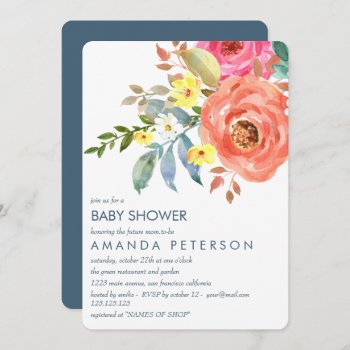 Elegant Peach Pink And Blue Peonies Baby Shower Invitation by CitronellaKids at Zazzle